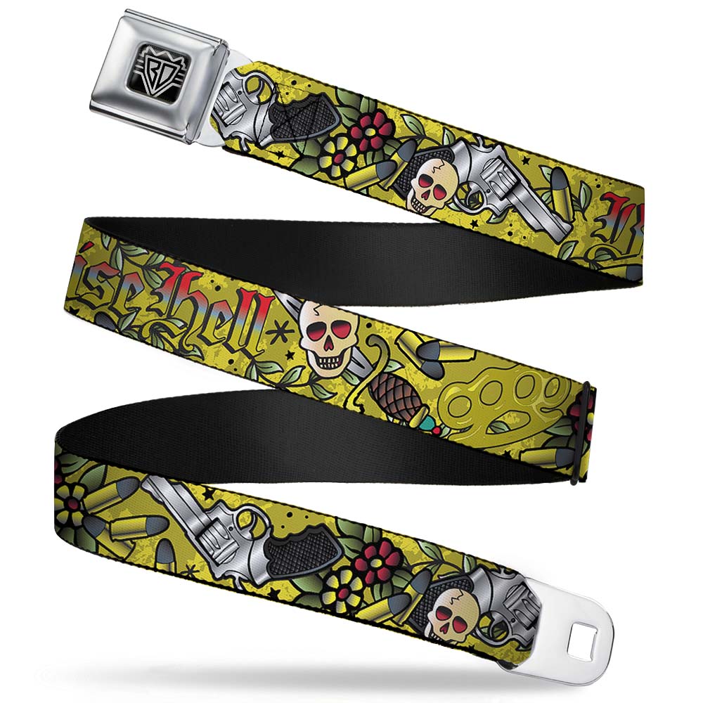 BD Wings Logo CLOSE - UP Full Color Black Silver Seatbelt Belt - Born to Raise Hell Yellow Webbing - Seatbelt Belts - Buckle - Down
