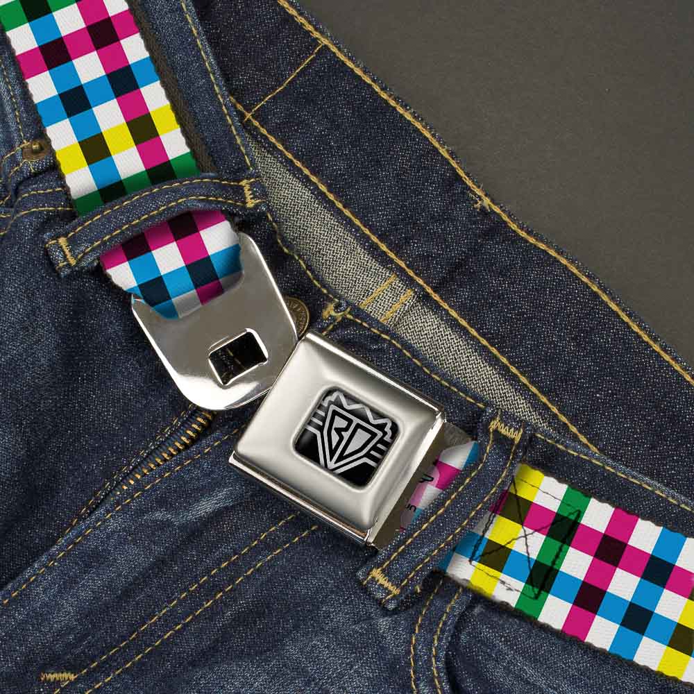BD Wings Logo CLOSE - UP Full Color Black Silver Seatbelt Belt - Buffalo Plaid White/Multi Color Webbing - Seatbelt Belts - Buckle - Down