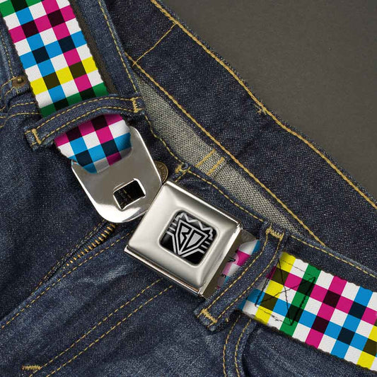 BD Wings Logo CLOSE - UP Full Color Black Silver Seatbelt Belt - Buffalo Plaid White/Multi Color Webbing - Seatbelt Belts - Buckle - Down