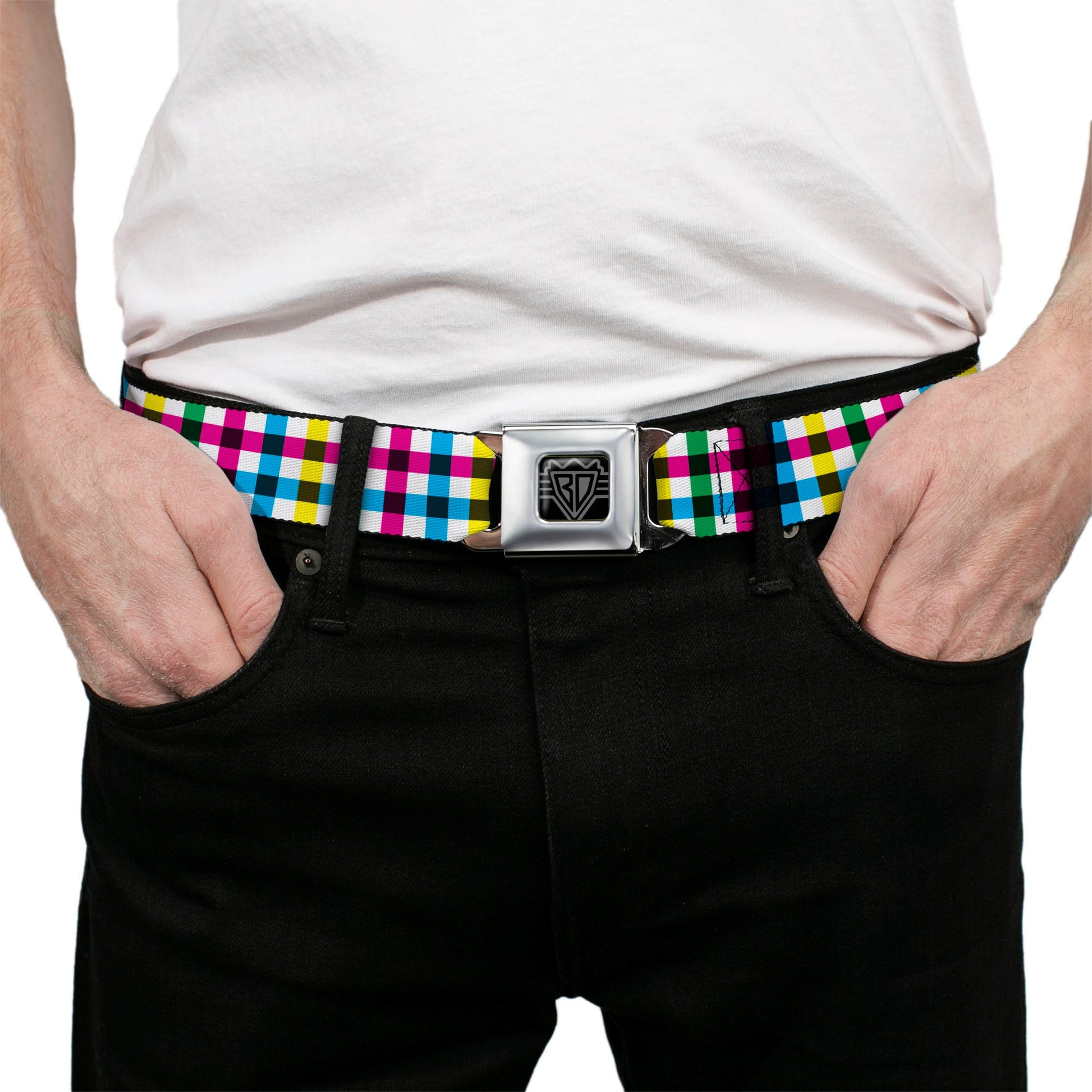BD Wings Logo CLOSE - UP Full Color Black Silver Seatbelt Belt - Buffalo Plaid White/Multi Color Webbing - Seatbelt Belts - Buckle - Down