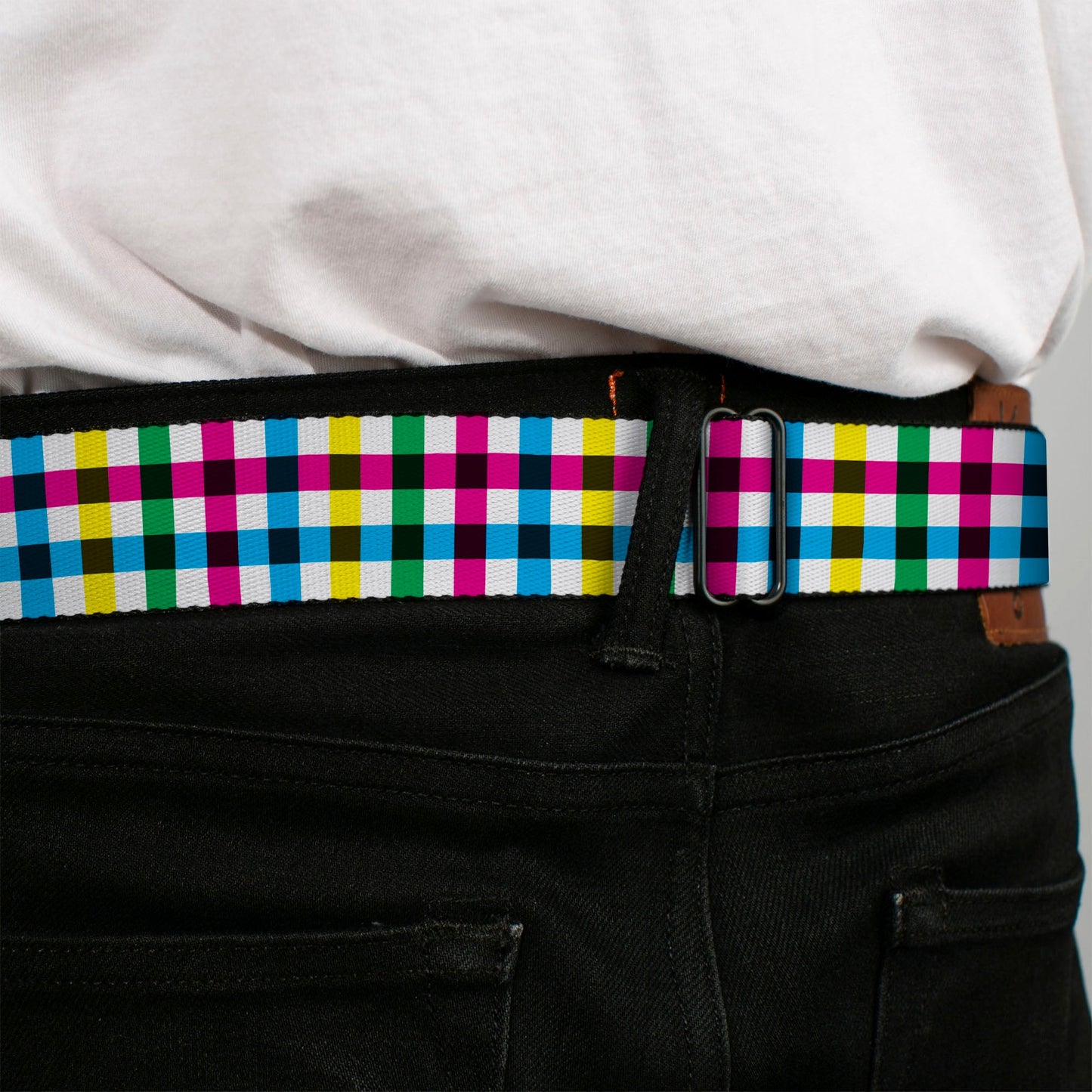 BD Wings Logo CLOSE - UP Full Color Black Silver Seatbelt Belt - Buffalo Plaid White/Multi Color Webbing - Seatbelt Belts - Buckle - Down