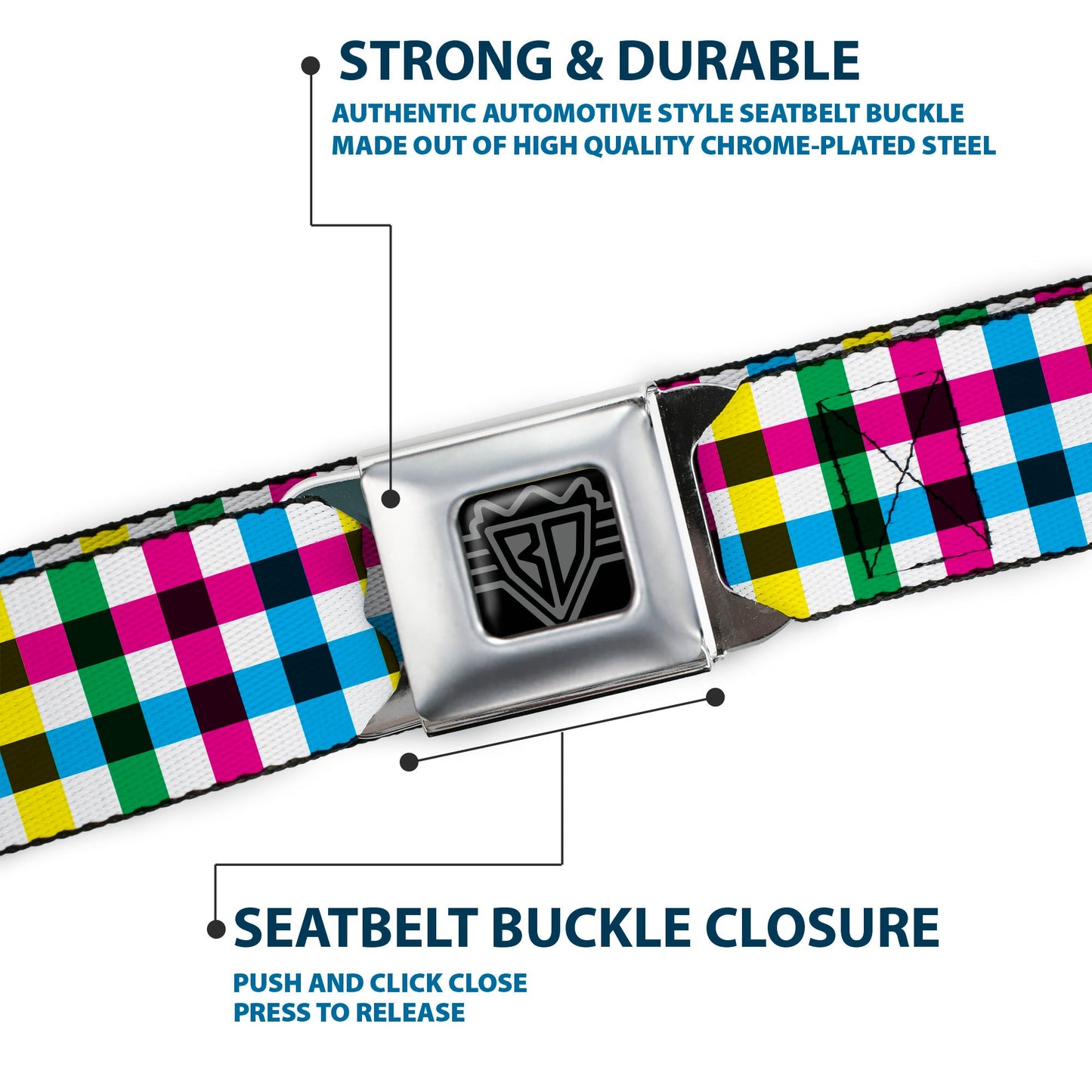 BD Wings Logo CLOSE - UP Full Color Black Silver Seatbelt Belt - Buffalo Plaid White/Multi Color Webbing - Seatbelt Belts - Buckle - Down