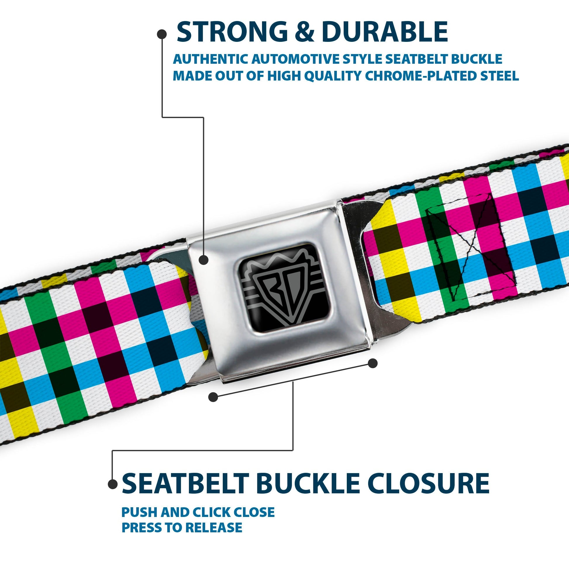 BD Wings Logo CLOSE - UP Full Color Black Silver Seatbelt Belt - Buffalo Plaid White/Multi Color Webbing - Seatbelt Belts - Buckle - Down