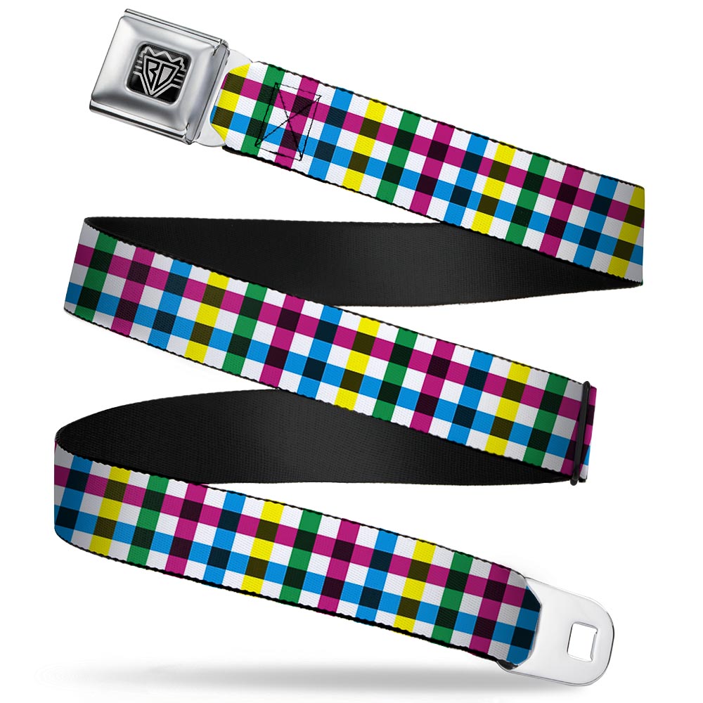 BD Wings Logo CLOSE - UP Full Color Black Silver Seatbelt Belt - Buffalo Plaid White/Multi Color Webbing - Seatbelt Belts - Buckle - Down
