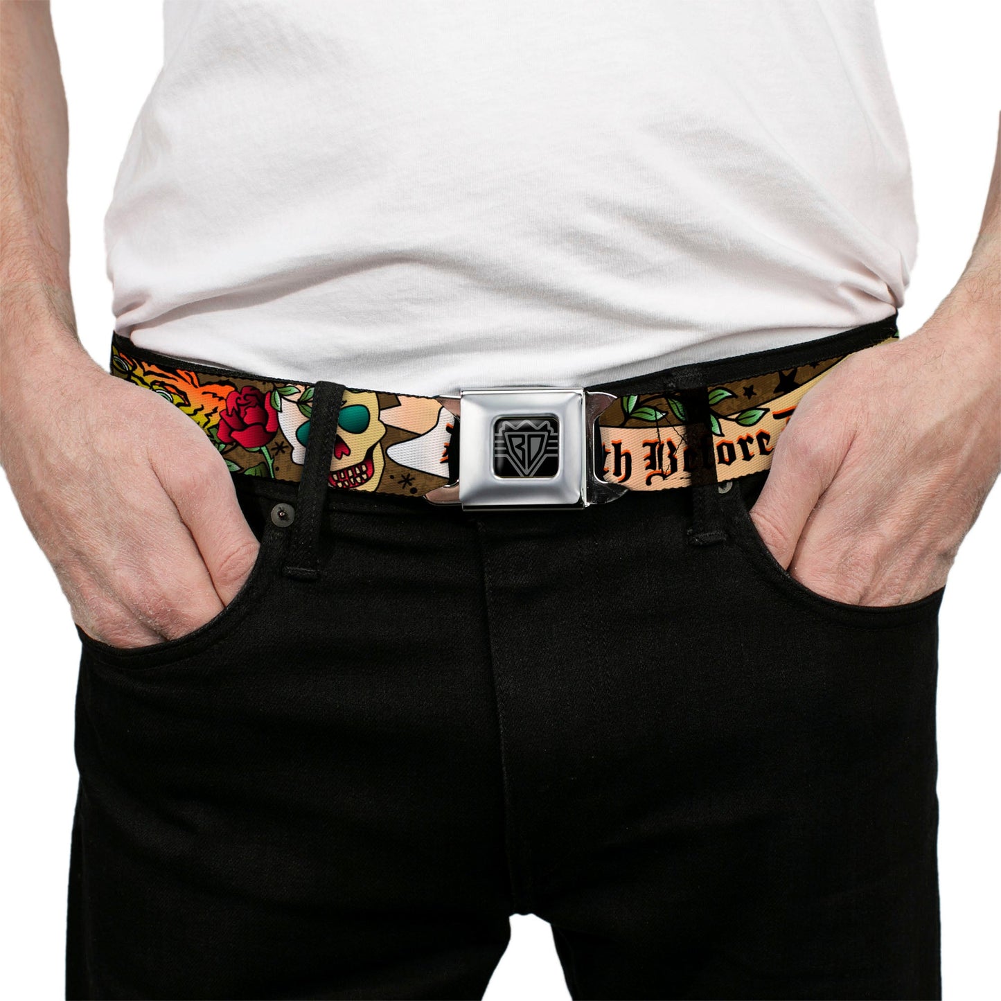 BD Wings Logo CLOSE - UP Full Color Black Silver Seatbelt Belt - Death Before Dishonor Olive Webbing - Seatbelt Belts - Buckle - Down