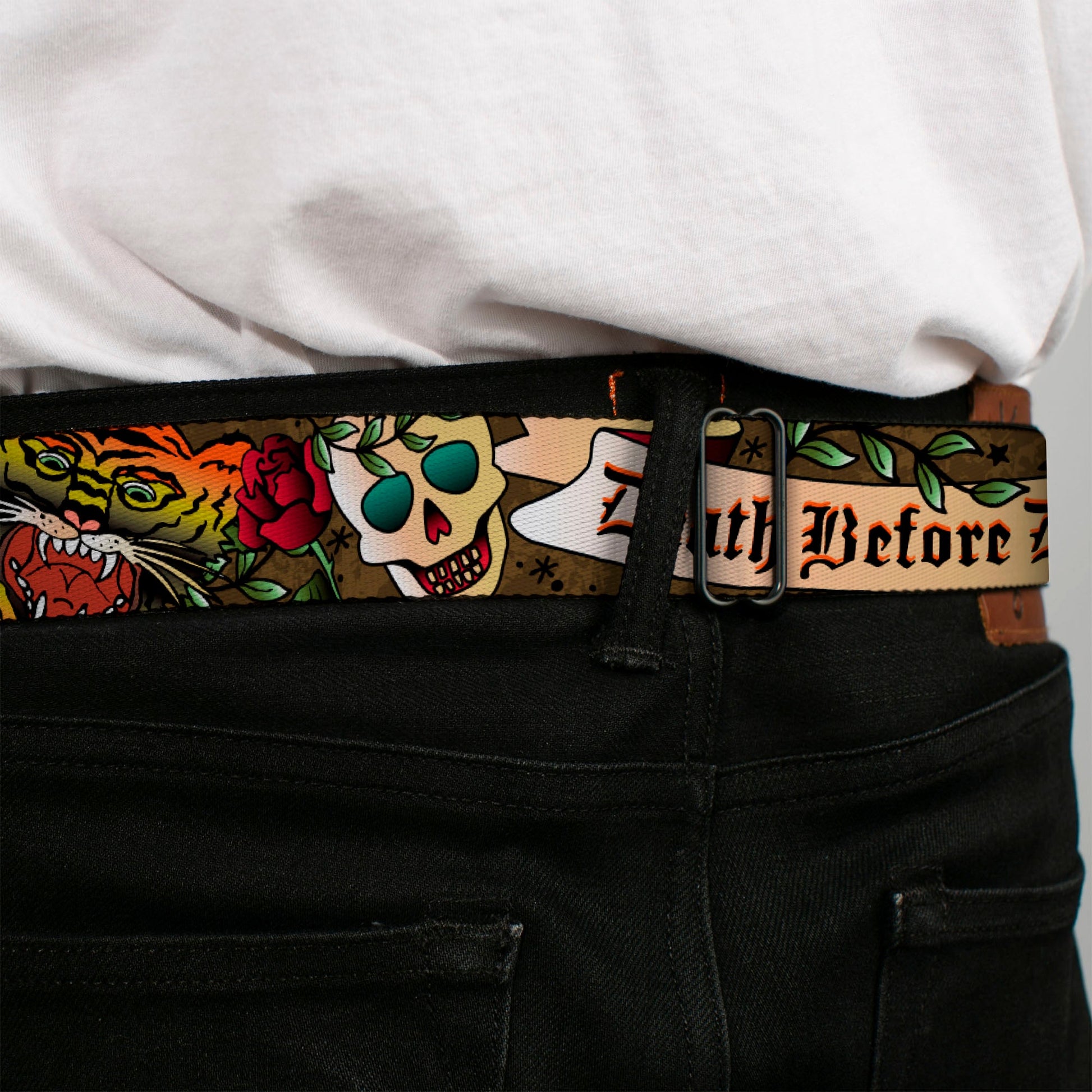 BD Wings Logo CLOSE - UP Full Color Black Silver Seatbelt Belt - Death Before Dishonor Olive Webbing - Seatbelt Belts - Buckle - Down