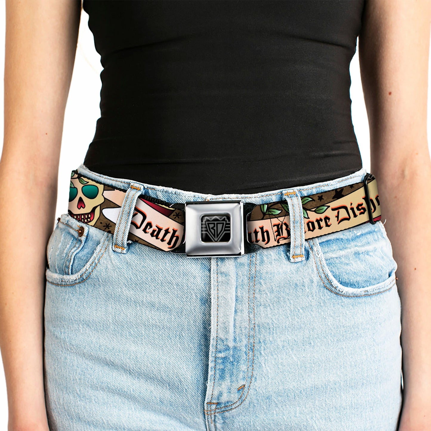BD Wings Logo CLOSE - UP Full Color Black Silver Seatbelt Belt - Death Before Dishonor Olive Webbing - Seatbelt Belts - Buckle - Down