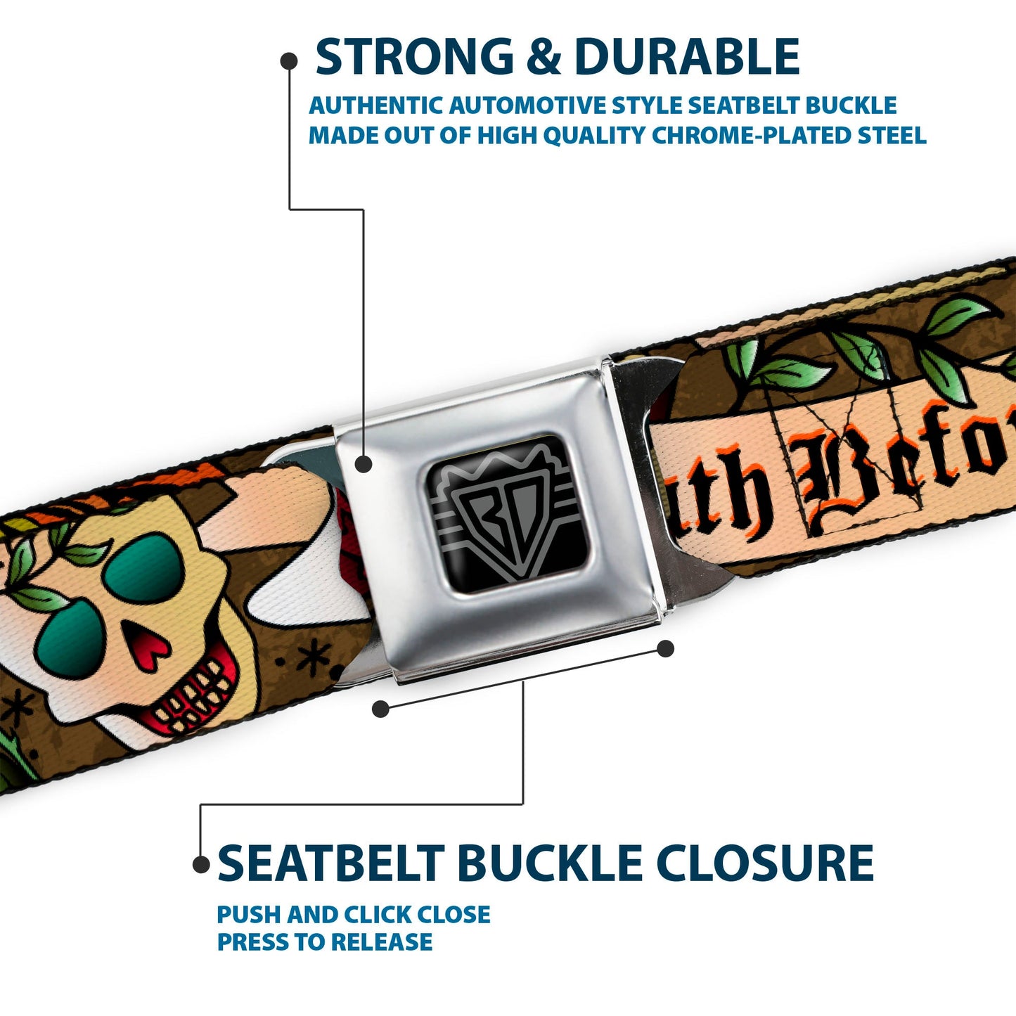 BD Wings Logo CLOSE - UP Full Color Black Silver Seatbelt Belt - Death Before Dishonor Olive Webbing - Seatbelt Belts - Buckle - Down