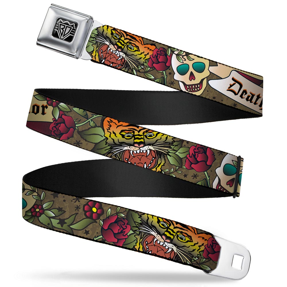 BD Wings Logo CLOSE - UP Full Color Black Silver Seatbelt Belt - Death Before Dishonor Olive Webbing - Seatbelt Belts - Buckle - Down