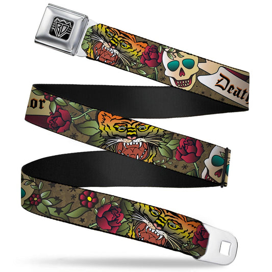 BD Wings Logo CLOSE - UP Full Color Black Silver Seatbelt Belt - Death Before Dishonor Olive Webbing - Seatbelt Belts - Buckle - Down