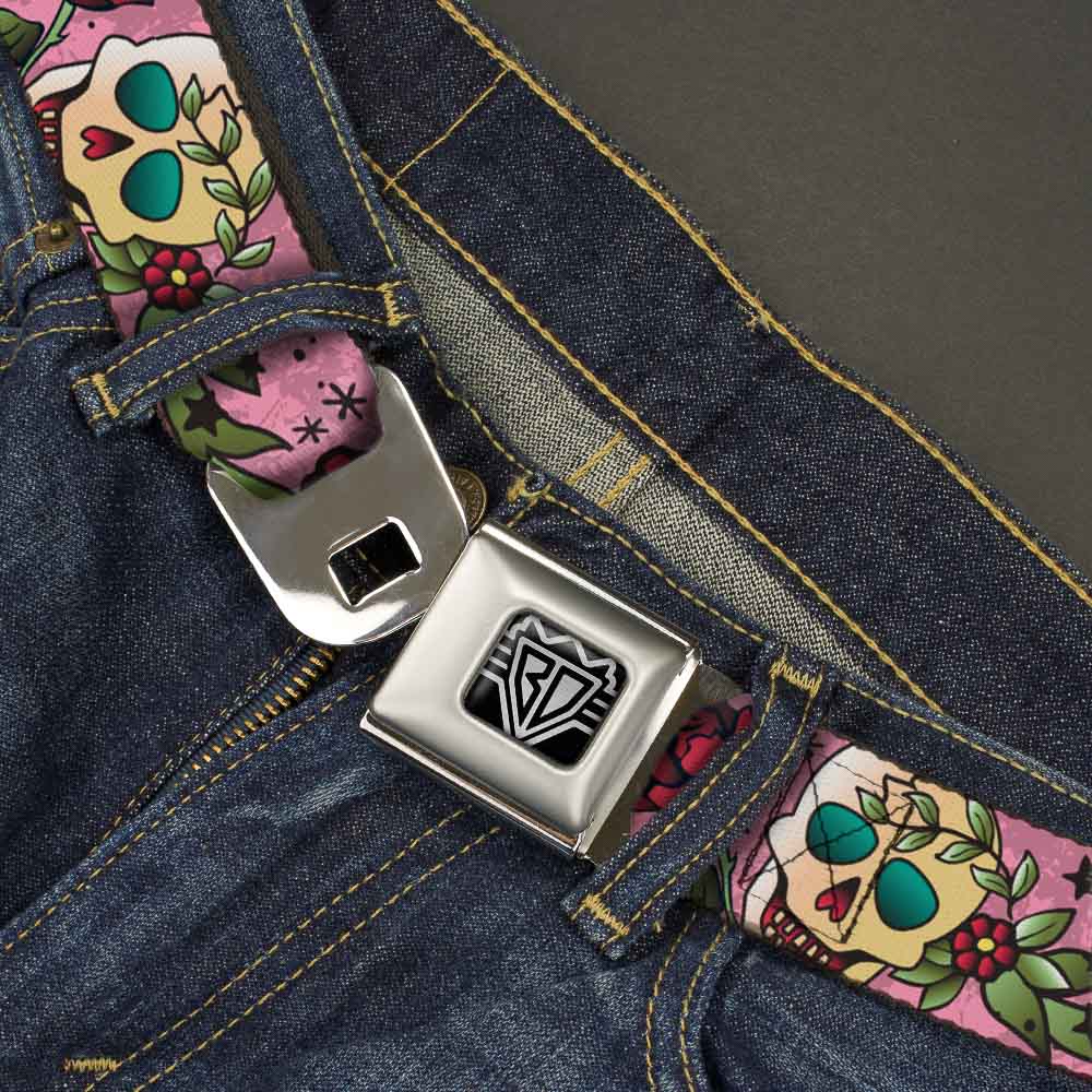 BD Wings Logo CLOSE - UP Full Color Black Silver Seatbelt Belt - Death Before Dishonor Pink Webbing - Seatbelt Belts - Buckle - Down