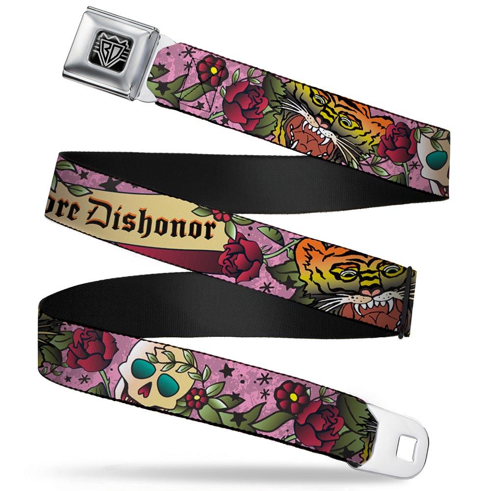 BD Wings Logo CLOSE - UP Full Color Black Silver Seatbelt Belt - Death Before Dishonor Pink Webbing - Seatbelt Belts - Buckle - Down