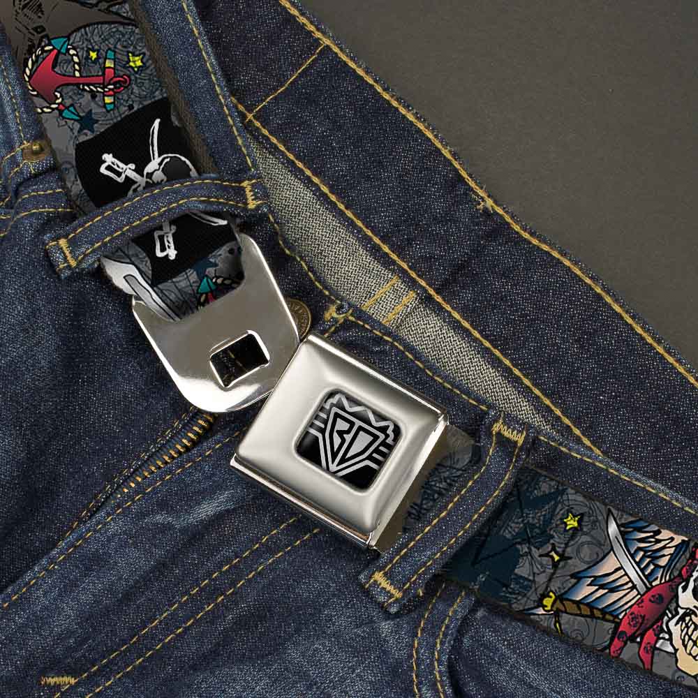 BD Wings Logo CLOSE - UP Full Color Black Silver Seatbelt Belt - Dead Men Tell No Tales Gray Webbing - Seatbelt Belts - Buckle - Down