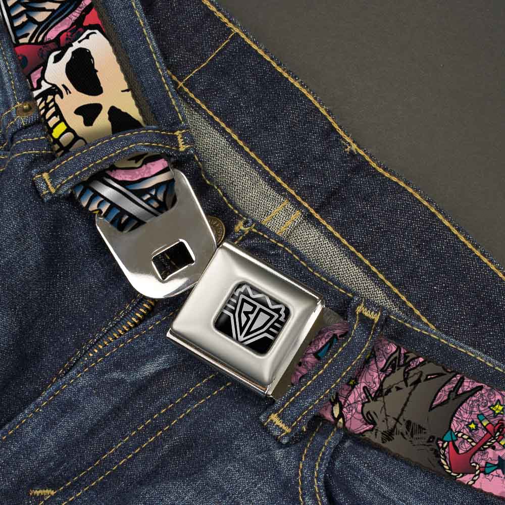 BD Wings Logo CLOSE - UP Full Color Black Silver Seatbelt Belt - Dead Men Tell No Tales Pink Webbing - Seatbelt Belts - Buckle - Down