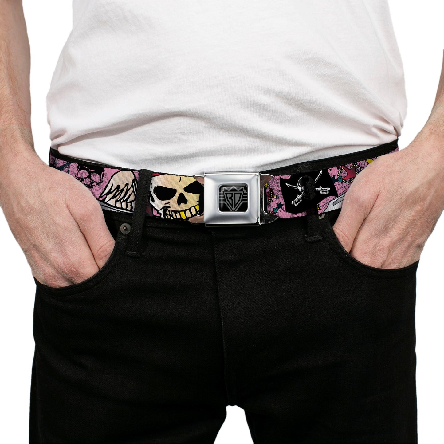 BD Wings Logo CLOSE - UP Full Color Black Silver Seatbelt Belt - Dead Men Tell No Tales Pink Webbing - Seatbelt Belts - Buckle - Down