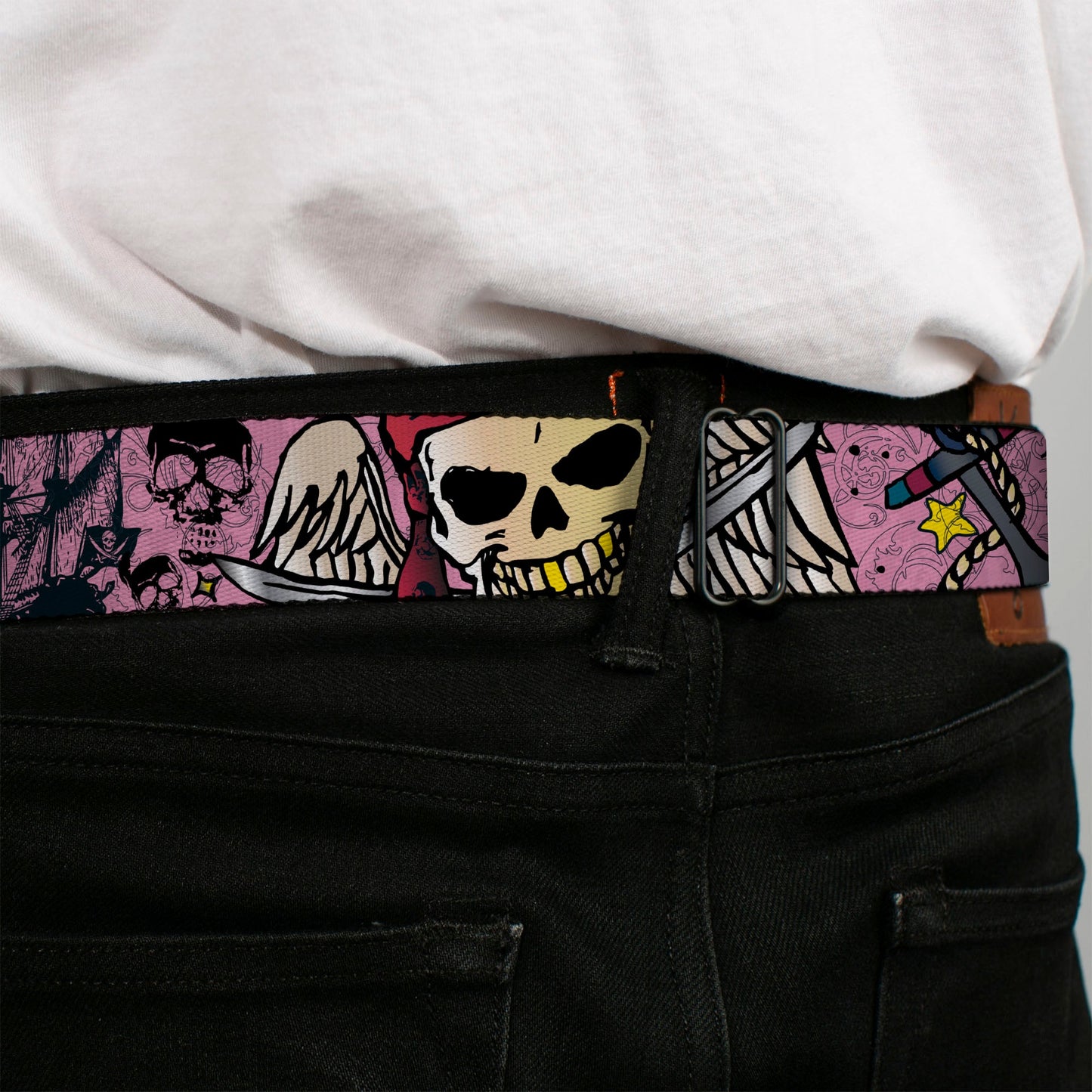BD Wings Logo CLOSE - UP Full Color Black Silver Seatbelt Belt - Dead Men Tell No Tales Pink Webbing - Seatbelt Belts - Buckle - Down