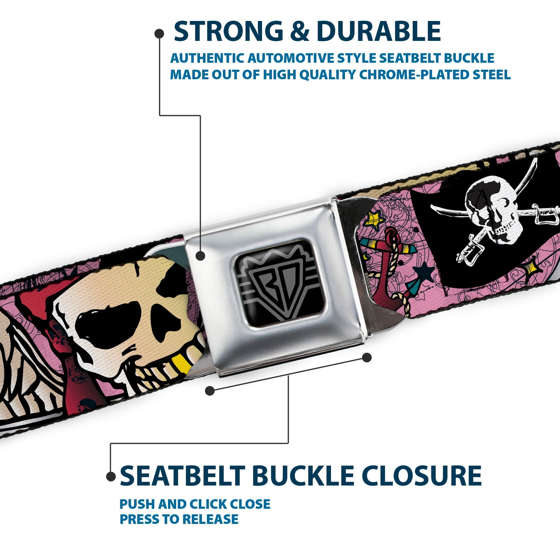 BD Wings Logo CLOSE - UP Full Color Black Silver Seatbelt Belt - Dead Men Tell No Tales Pink Webbing - Seatbelt Belts - Buckle - Down
