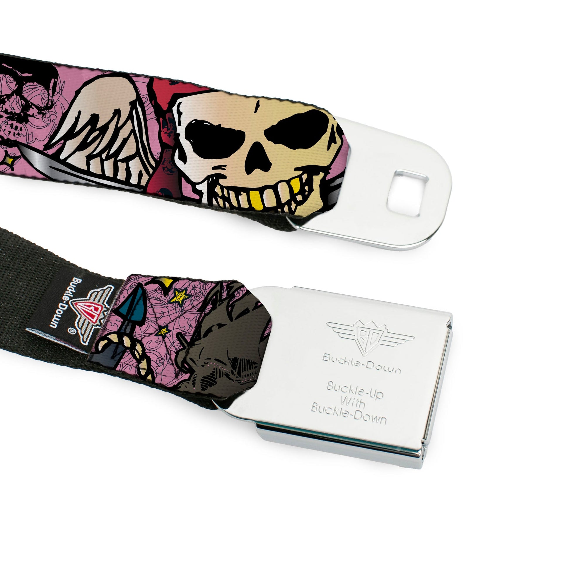 BD Wings Logo CLOSE - UP Full Color Black Silver Seatbelt Belt - Dead Men Tell No Tales Pink Webbing - Seatbelt Belts - Buckle - Down