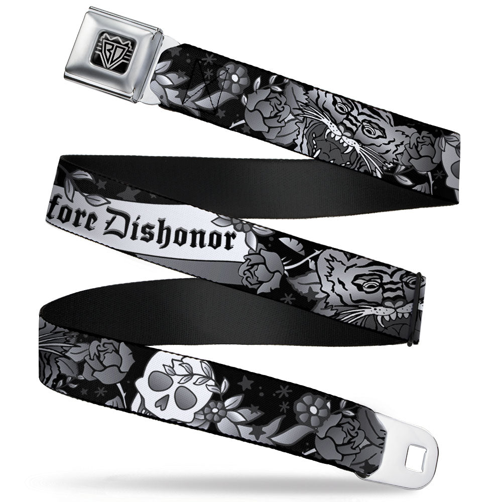 BD Wings Logo CLOSE - UP Full Color Black Silver Seatbelt Belt - Death Before Dishonor Black/White Webbing - Seatbelt Belts - Buckle - Down