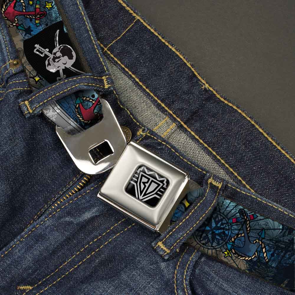 BD Wings Logo CLOSE - UP Full Color Black Silver Seatbelt Belt - Dead Men Tell No Tales CLOSE - UP Turquoise Webbing - Seatbelt Belts - Buckle - Down