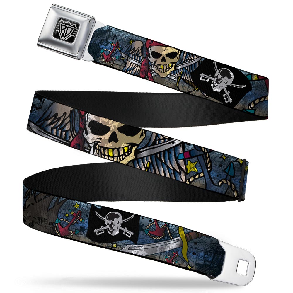 BD Wings Logo CLOSE - UP Full Color Black Silver Seatbelt Belt - Dead Men Tell No Tales CLOSE - UP Turquoise Webbing - Seatbelt Belts - Buckle - Down