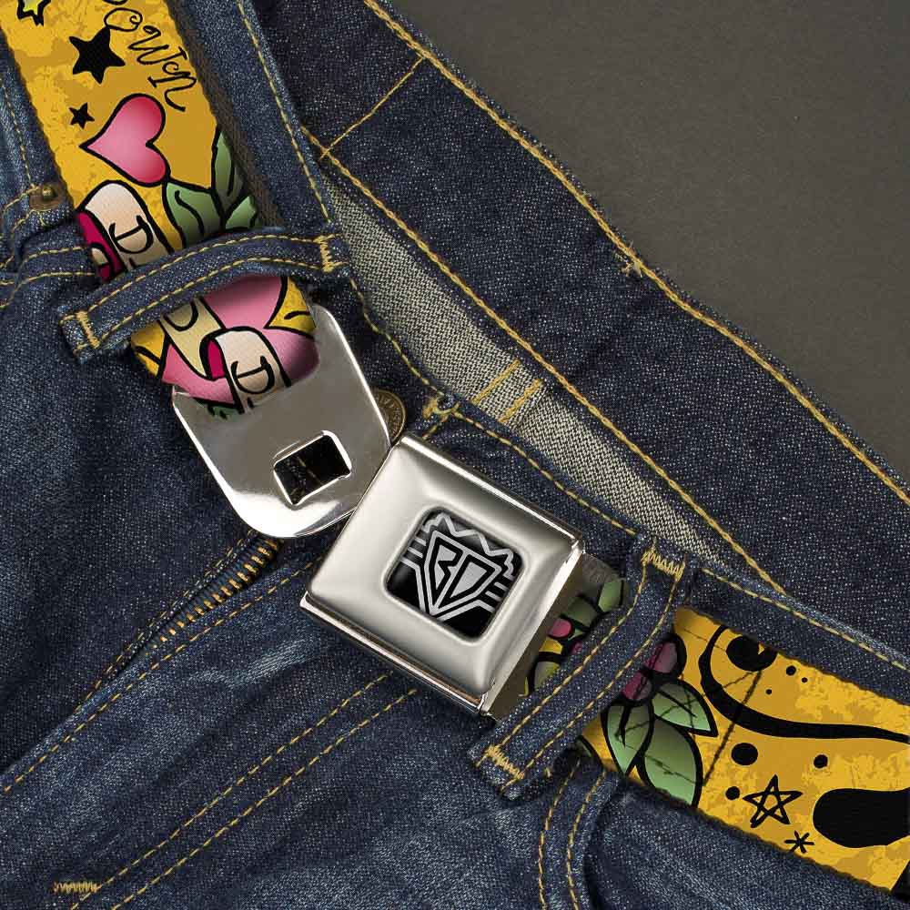 BD Wings Logo CLOSE - UP Full Color Black Silver Seatbelt Belt - Dad & Dad Yellow Webbing - Seatbelt Belts - Buckle - Down