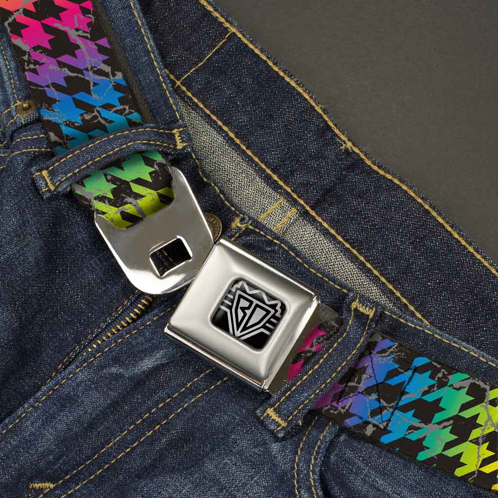 BD Wings Logo CLOSE - UP Full Color Black Silver Seatbelt Belt - Houndstooth Black/Rainbow Webbing - Seatbelt Belts - Buckle - Down