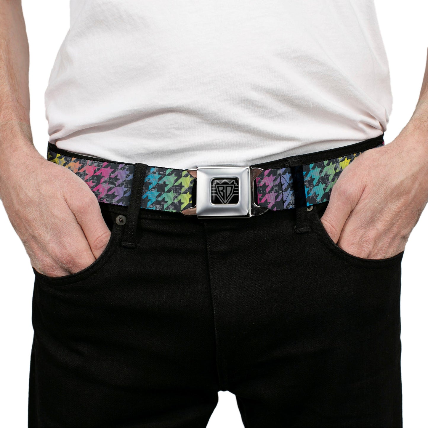 BD Wings Logo CLOSE - UP Full Color Black Silver Seatbelt Belt - Houndstooth Black/Rainbow Webbing - Seatbelt Belts - Buckle - Down