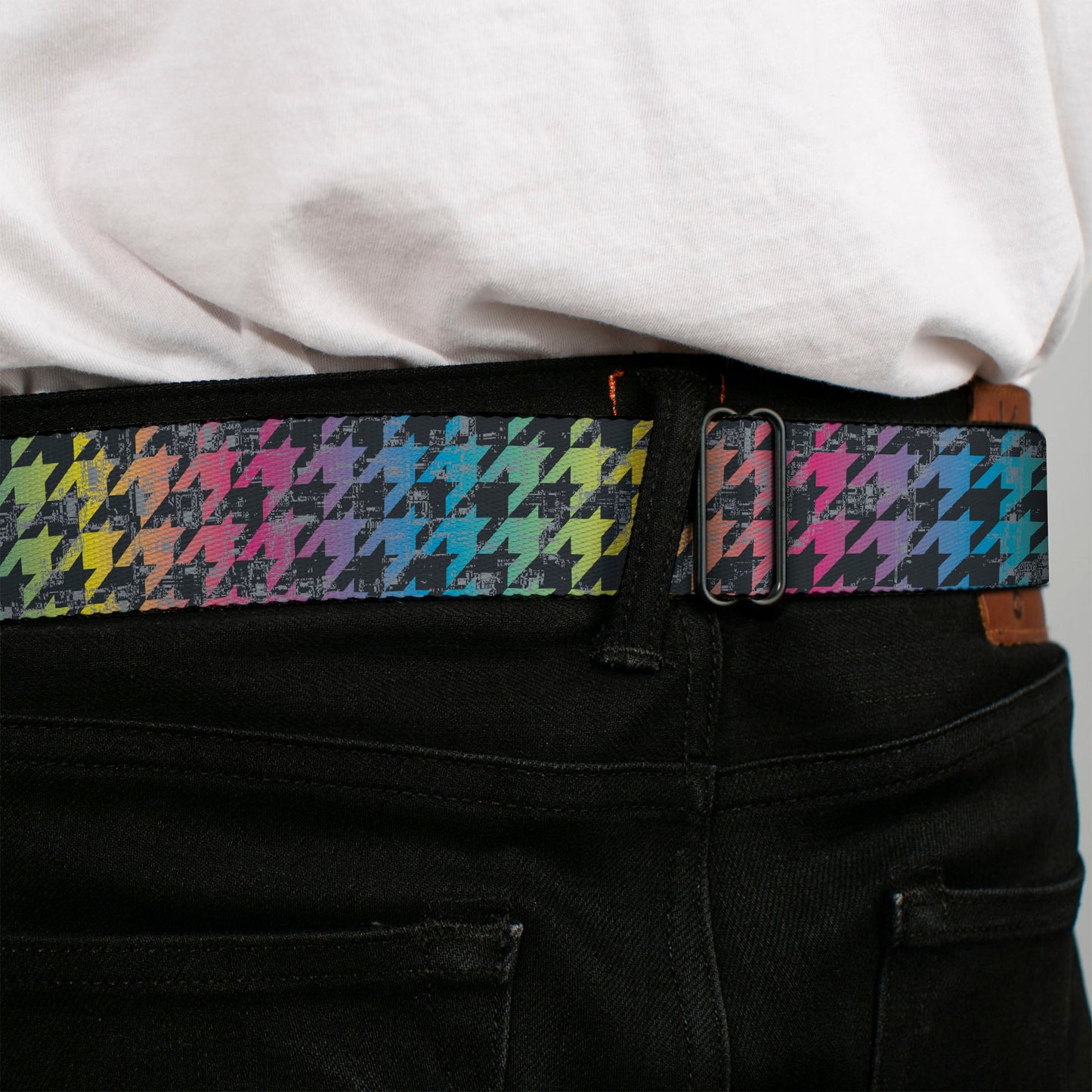 BD Wings Logo CLOSE - UP Full Color Black Silver Seatbelt Belt - Houndstooth Black/Rainbow Webbing - Seatbelt Belts - Buckle - Down