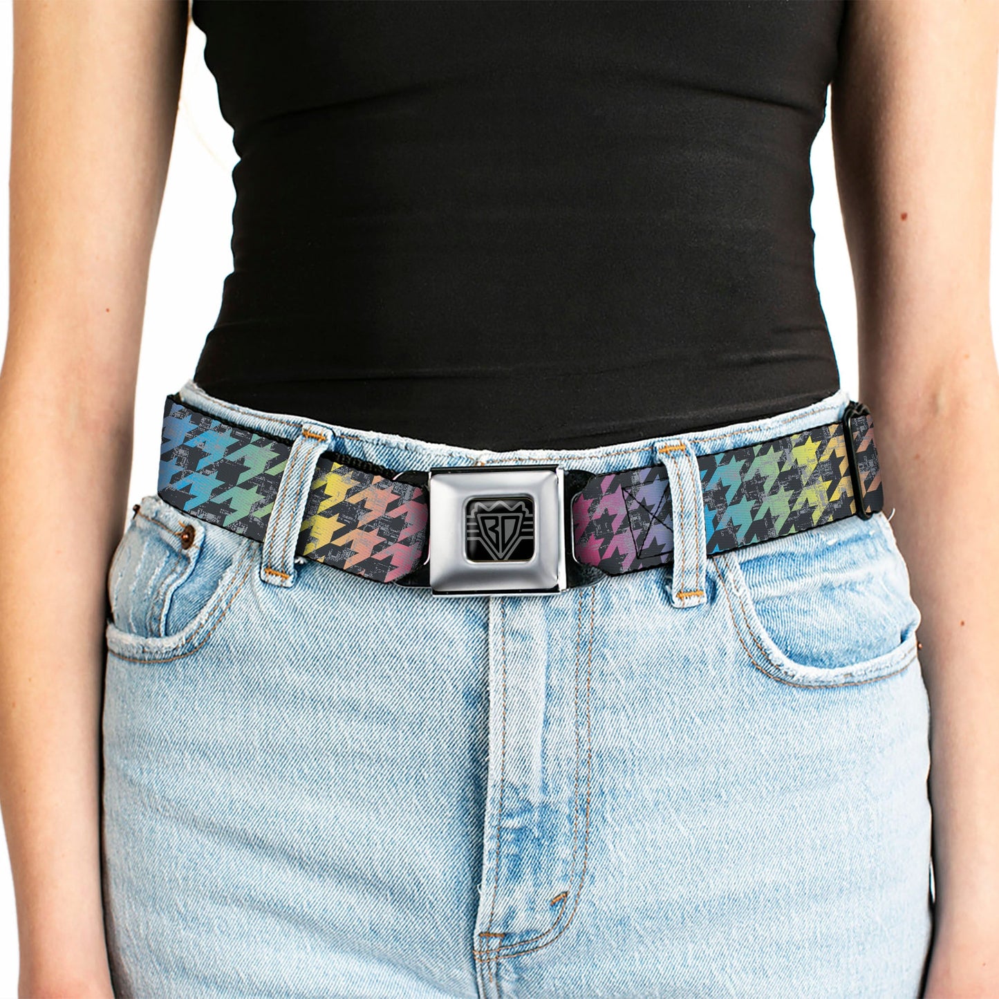BD Wings Logo CLOSE - UP Full Color Black Silver Seatbelt Belt - Houndstooth Black/Rainbow Webbing - Seatbelt Belts - Buckle - Down