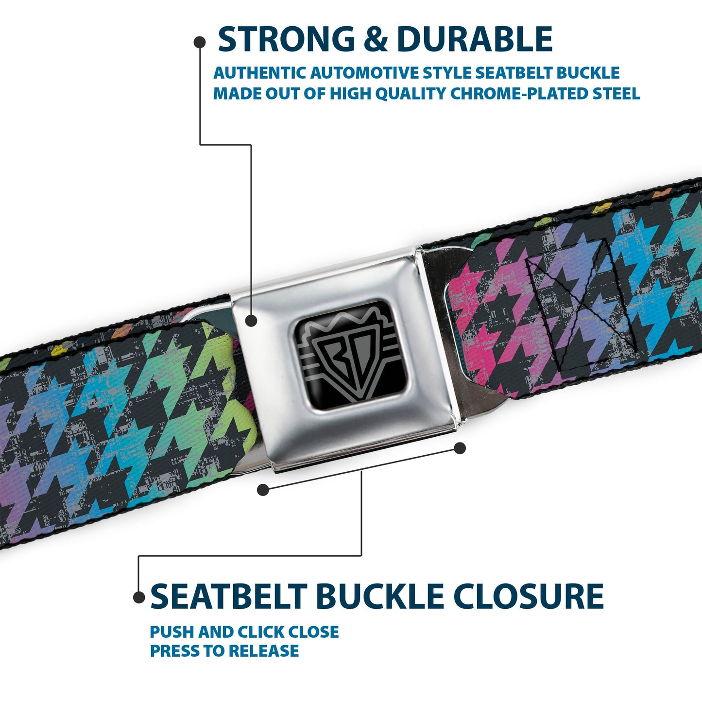 BD Wings Logo CLOSE - UP Full Color Black Silver Seatbelt Belt - Houndstooth Black/Rainbow Webbing - Seatbelt Belts - Buckle - Down