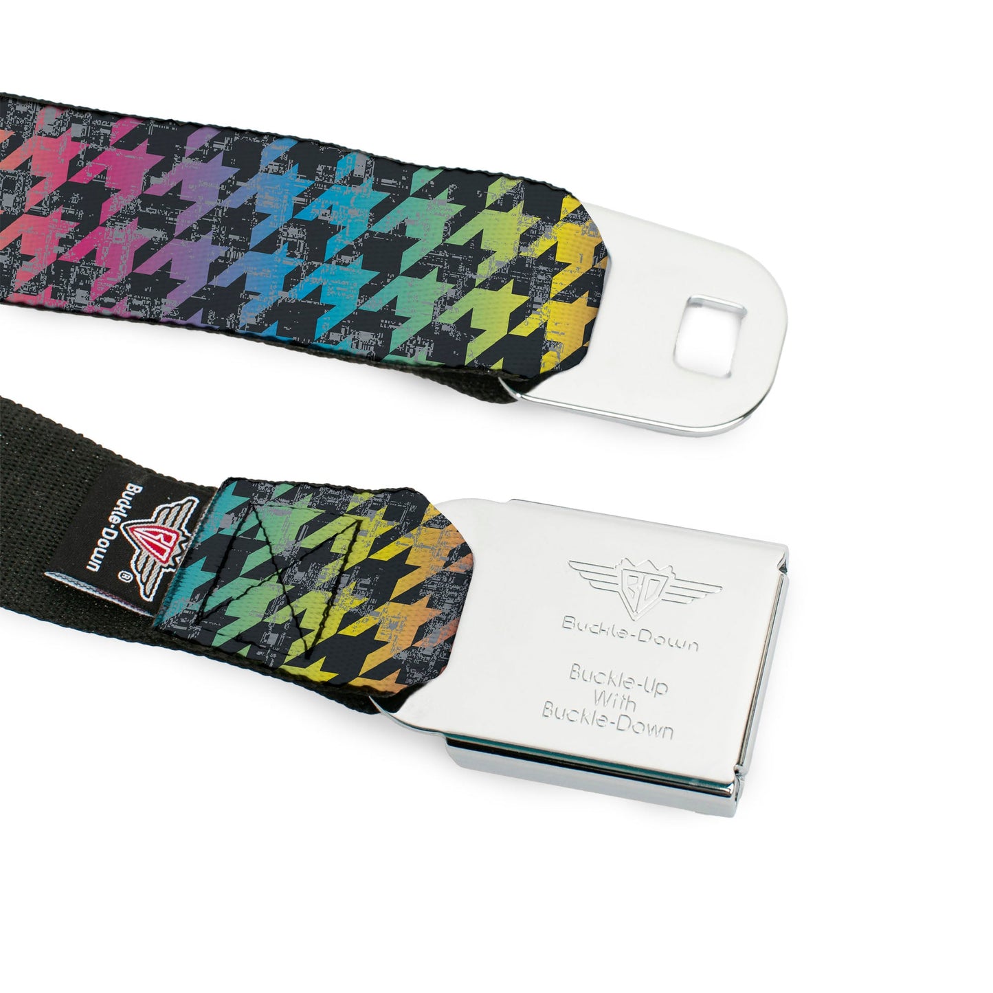 BD Wings Logo CLOSE - UP Full Color Black Silver Seatbelt Belt - Houndstooth Black/Rainbow Webbing - Seatbelt Belts - Buckle - Down