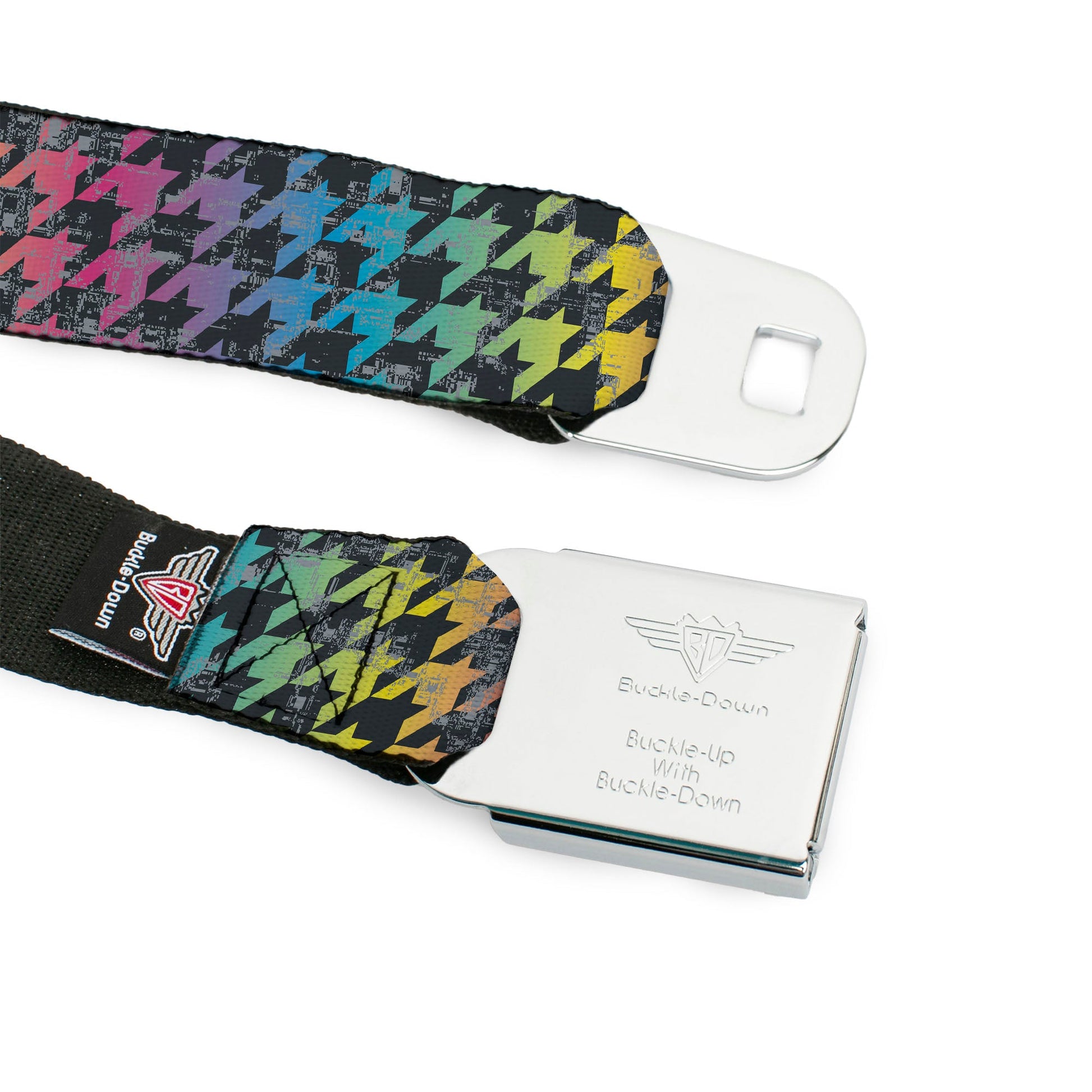 BD Wings Logo CLOSE - UP Full Color Black Silver Seatbelt Belt - Houndstooth Black/Rainbow Webbing - Seatbelt Belts - Buckle - Down