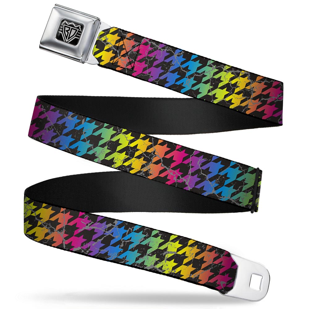 BD Wings Logo CLOSE - UP Full Color Black Silver Seatbelt Belt - Houndstooth Black/Rainbow Webbing - Seatbelt Belts - Buckle - Down