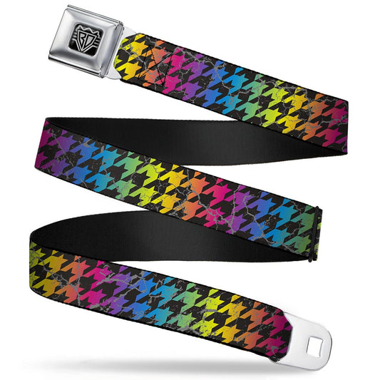 BD Wings Logo CLOSE - UP Full Color Black Silver Seatbelt Belt - Houndstooth Black/Rainbow Webbing - Seatbelt Belts - Buckle - Down