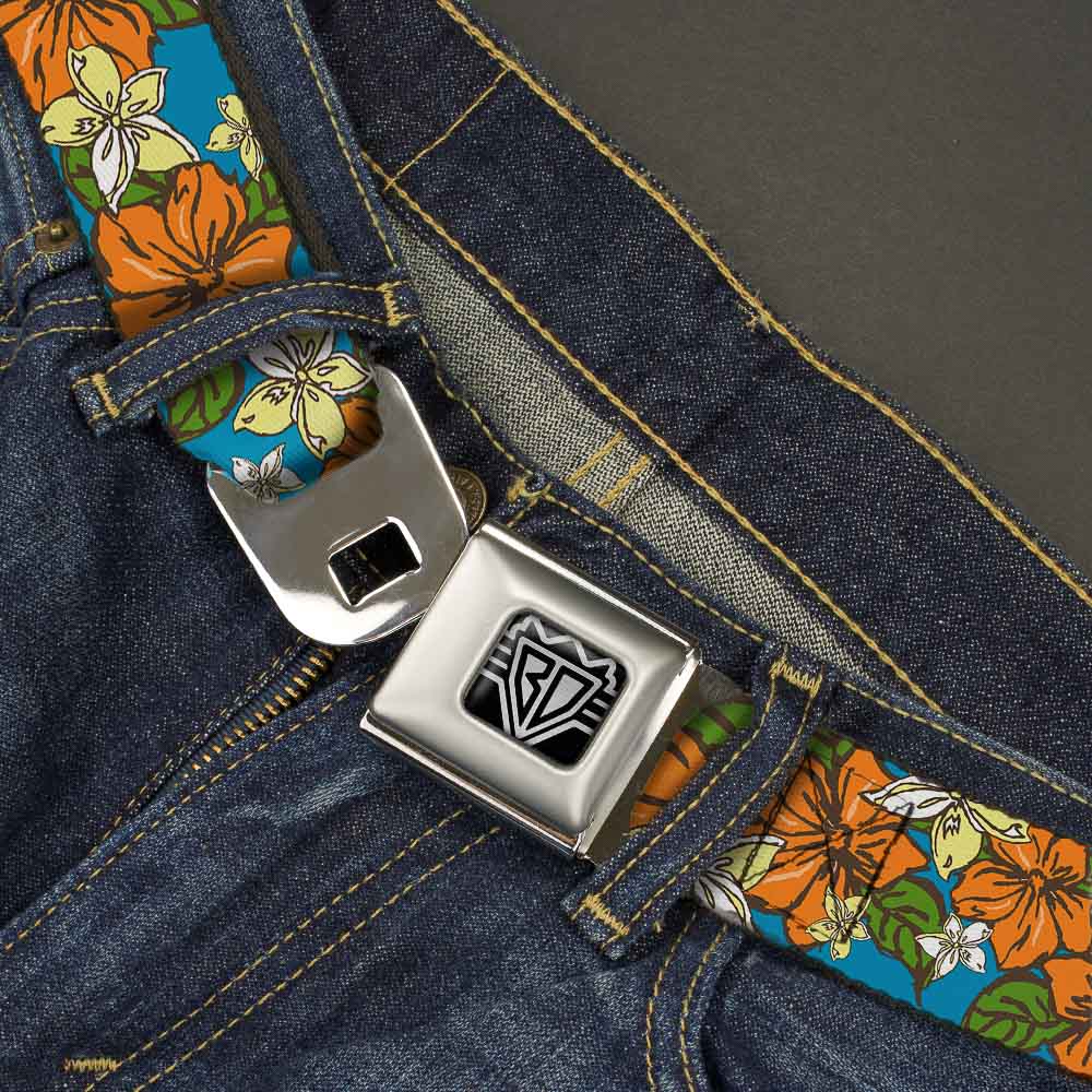 BD Wings Logo CLOSE - UP Full Color Black Silver Seatbelt Belt - Hibiscus Collage Blue/Orange/Yellow Webbing - Seatbelt Belts - Buckle - Down