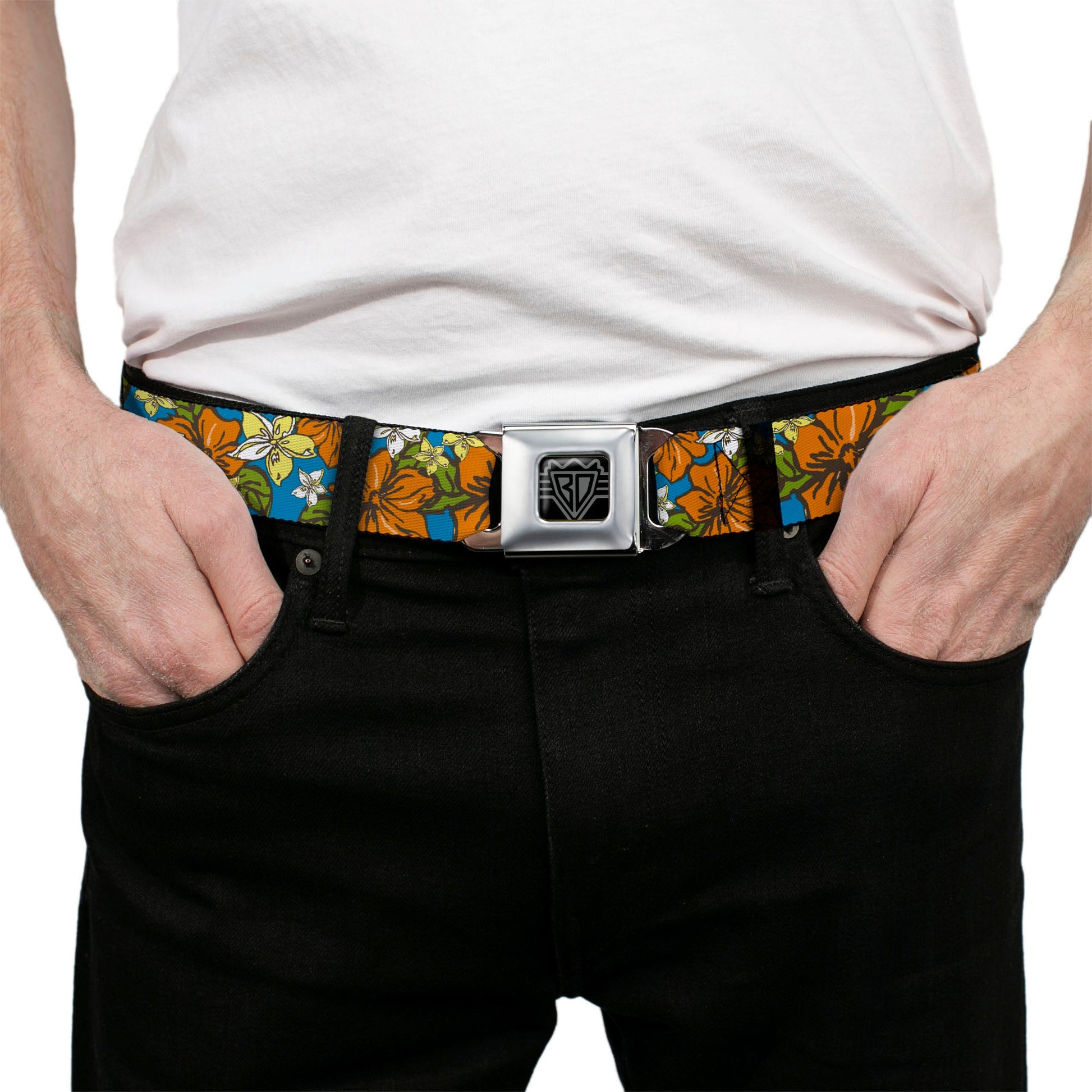 BD Wings Logo CLOSE - UP Full Color Black Silver Seatbelt Belt - Hibiscus Collage Blue/Orange/Yellow Webbing - Seatbelt Belts - Buckle - Down