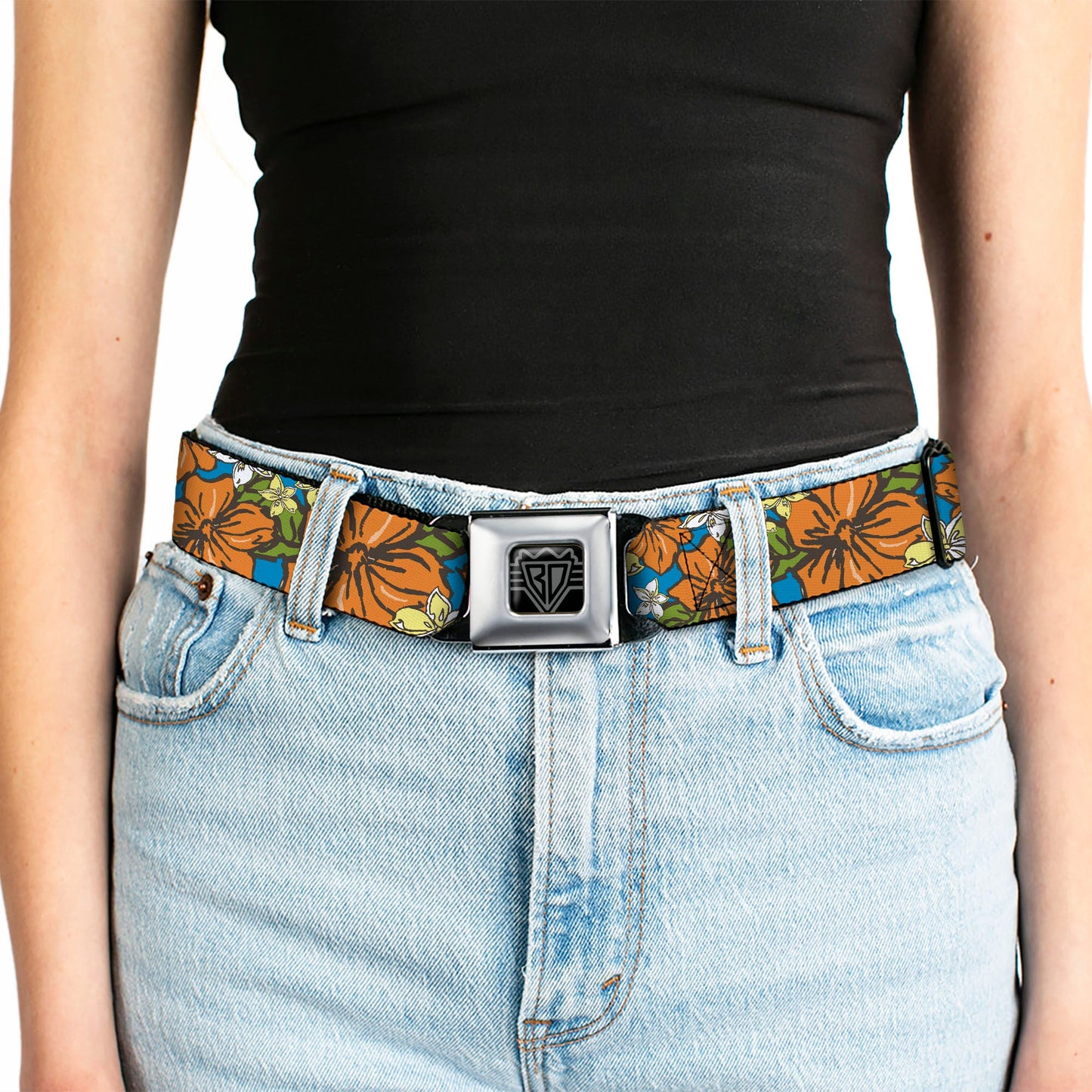 BD Wings Logo CLOSE - UP Full Color Black Silver Seatbelt Belt - Hibiscus Collage Blue/Orange/Yellow Webbing - Seatbelt Belts - Buckle - Down