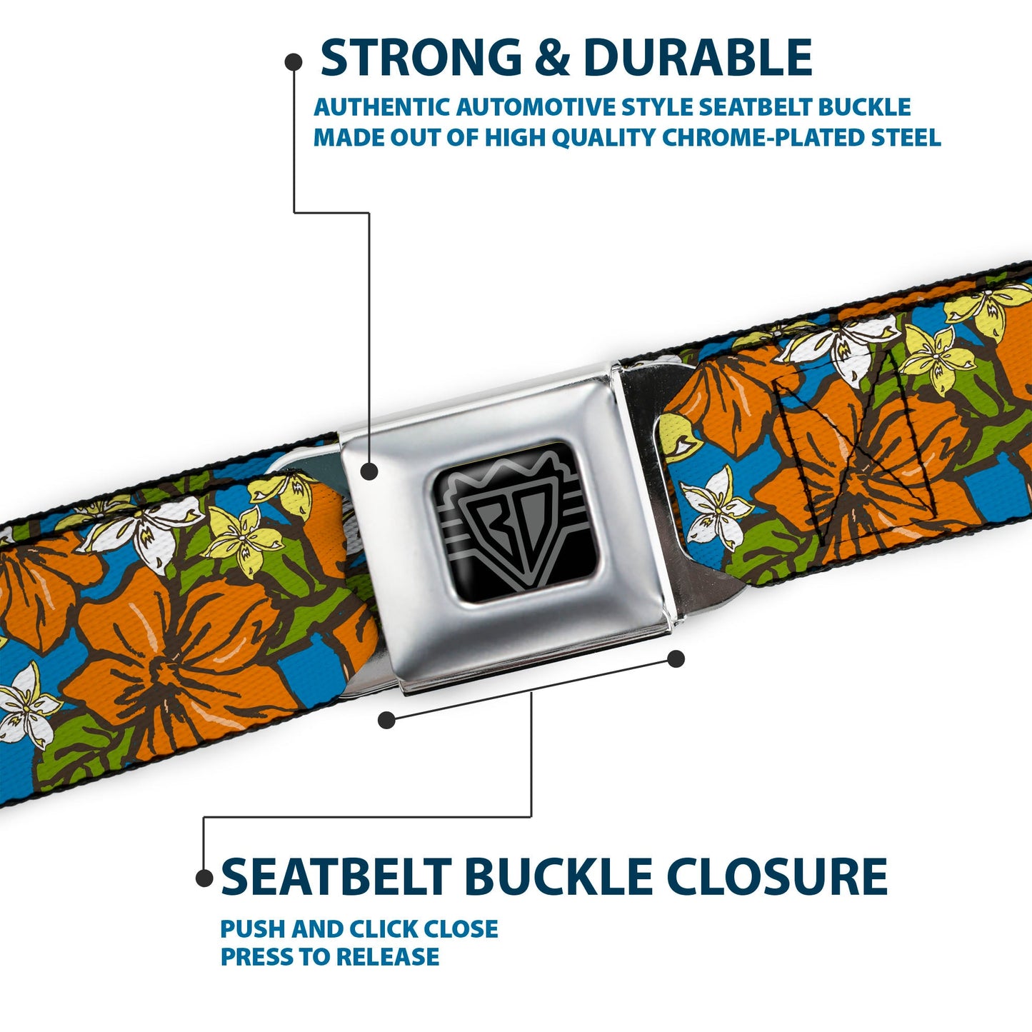 BD Wings Logo CLOSE - UP Full Color Black Silver Seatbelt Belt - Hibiscus Collage Blue/Orange/Yellow Webbing - Seatbelt Belts - Buckle - Down