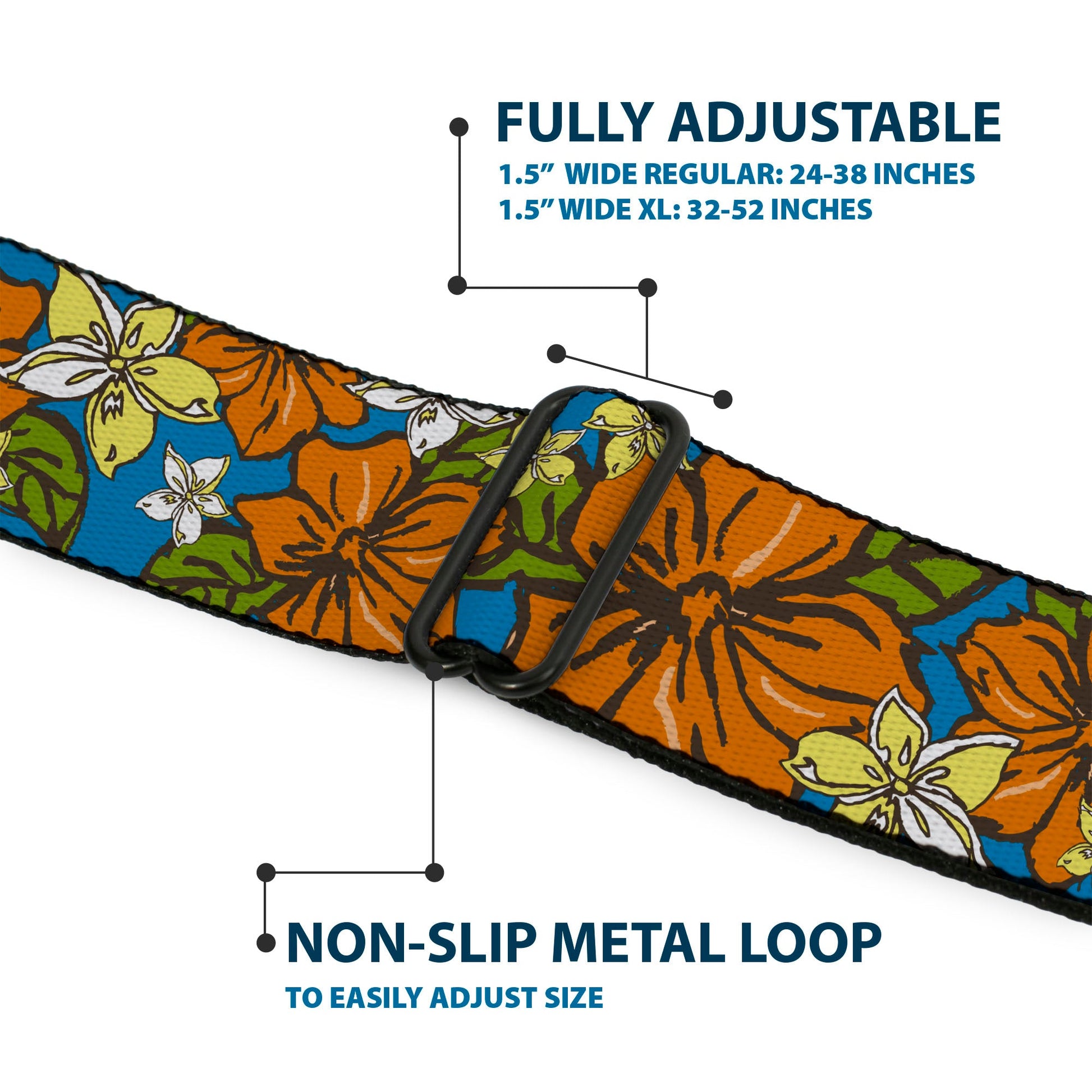 BD Wings Logo CLOSE - UP Full Color Black Silver Seatbelt Belt - Hibiscus Collage Blue/Orange/Yellow Webbing - Seatbelt Belts - Buckle - Down