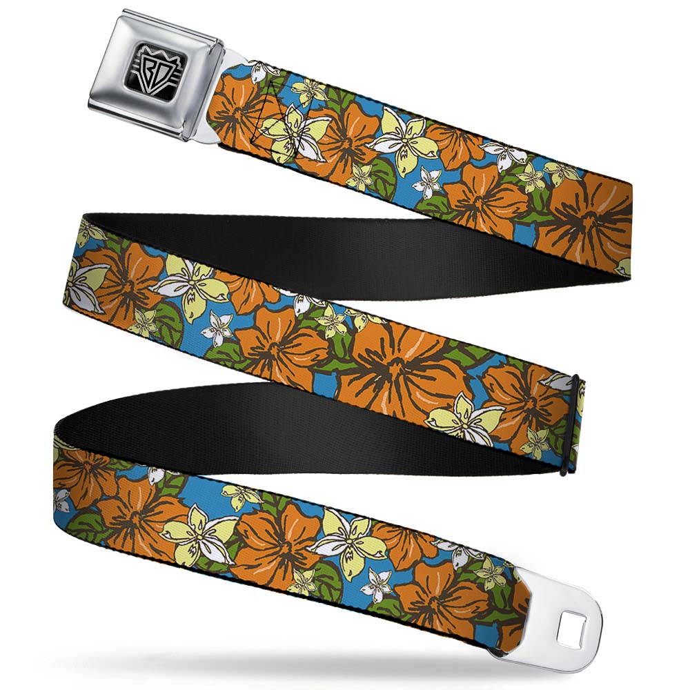 BD Wings Logo CLOSE - UP Full Color Black Silver Seatbelt Belt - Hibiscus Collage Blue/Orange/Yellow Webbing - Seatbelt Belts - Buckle - Down