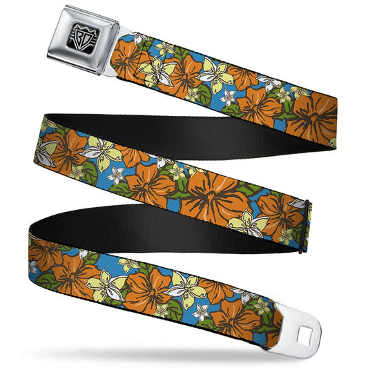 BD Wings Logo CLOSE - UP Full Color Black Silver Seatbelt Belt - Hibiscus Collage Blue/Orange/Yellow Webbing - Seatbelt Belts - Buckle - Down