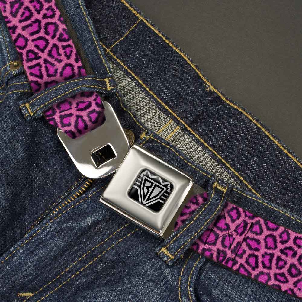 BD Wings Logo CLOSE - UP Full Color Black Silver Seatbelt Belt - Leopard Pink Fuchsia Webbing - Premium Dog Collars - Buckle - Down