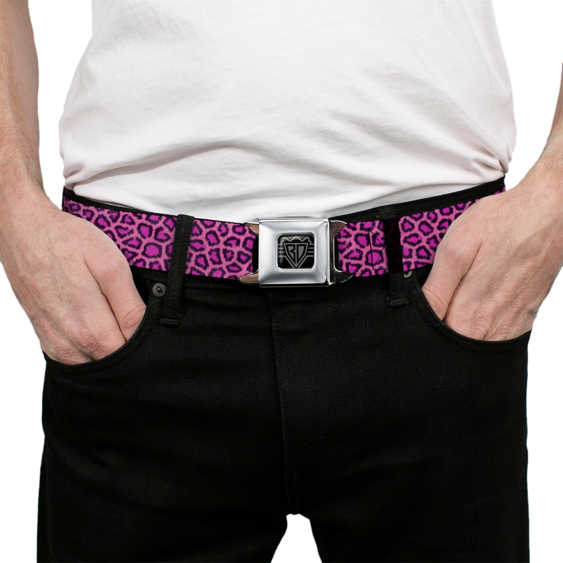 BD Wings Logo CLOSE - UP Full Color Black Silver Seatbelt Belt - Leopard Pink Fuchsia Webbing - Premium Dog Collars - Buckle - Down