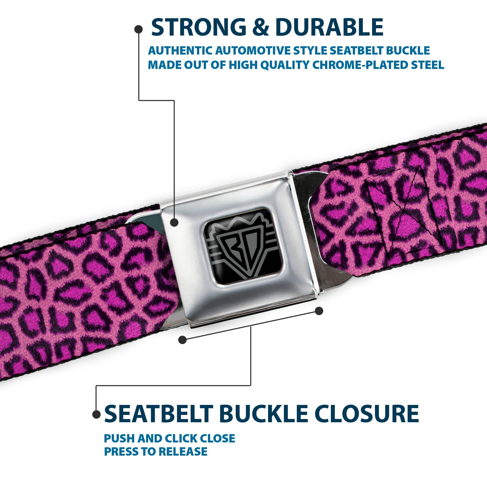 BD Wings Logo CLOSE - UP Full Color Black Silver Seatbelt Belt - Leopard Pink Fuchsia Webbing - Premium Dog Collars - Buckle - Down