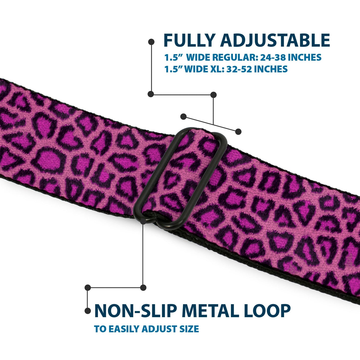 BD Wings Logo CLOSE - UP Full Color Black Silver Seatbelt Belt - Leopard Pink Fuchsia Webbing - Premium Dog Collars - Buckle - Down
