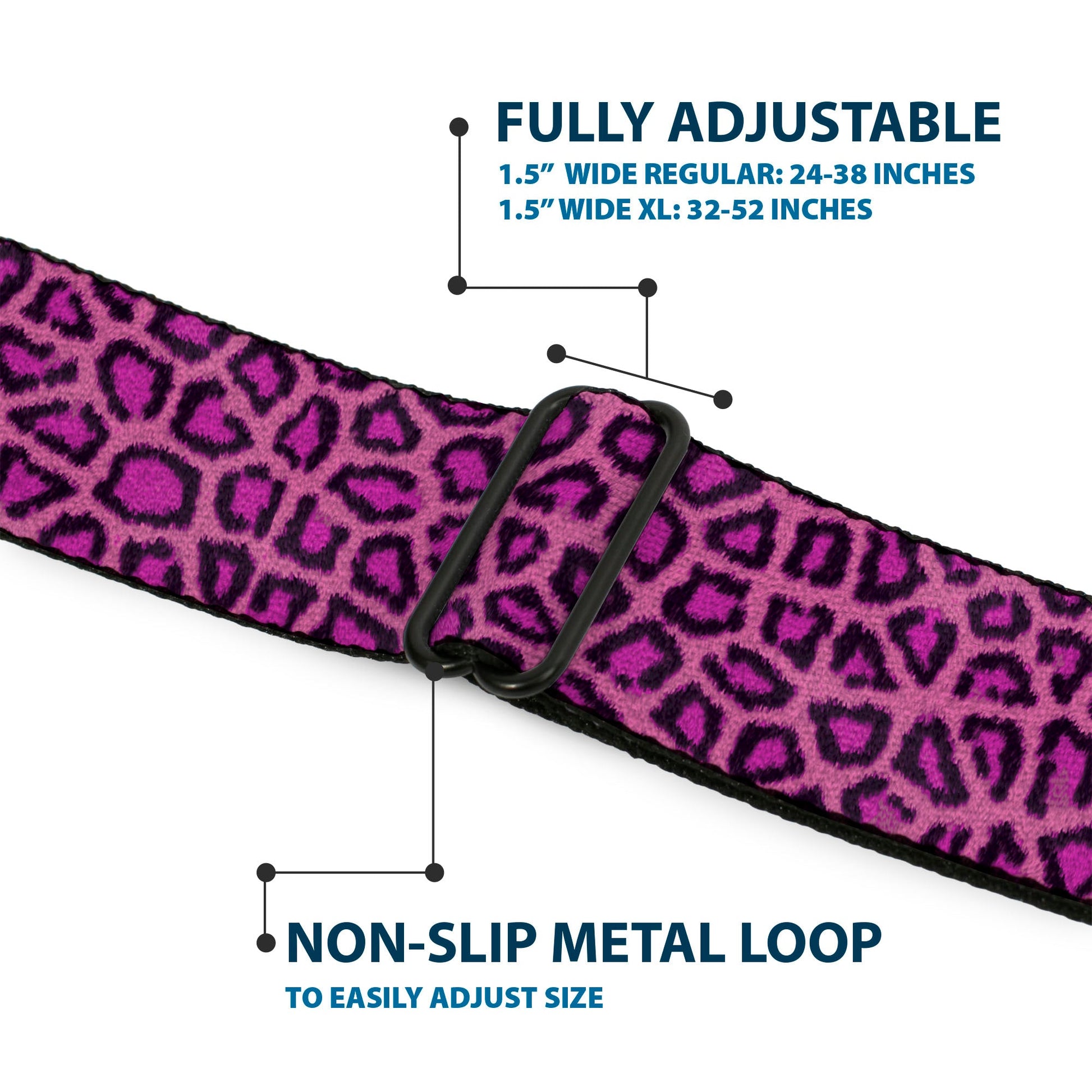 BD Wings Logo CLOSE - UP Full Color Black Silver Seatbelt Belt - Leopard Pink Fuchsia Webbing - Premium Dog Collars - Buckle - Down
