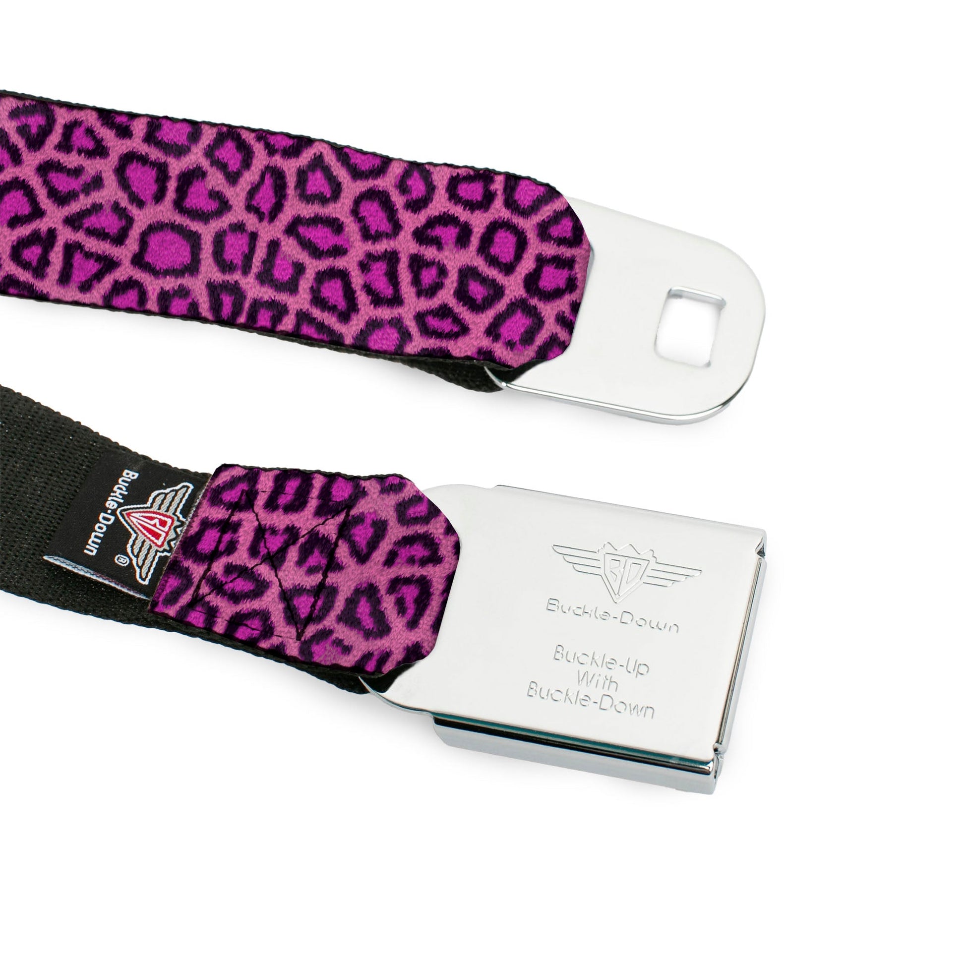 BD Wings Logo CLOSE - UP Full Color Black Silver Seatbelt Belt - Leopard Pink Fuchsia Webbing - Premium Dog Collars - Buckle - Down