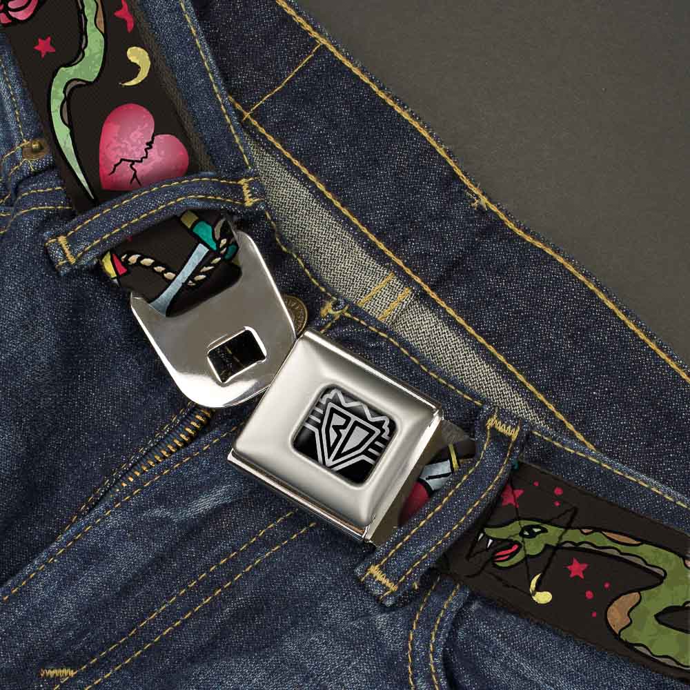 BD Wings Logo CLOSE - UP Full Color Black Silver Seatbelt Belt - Live Hard Die Young CLOSE - UP Black Webbing - Seatbelt Belts - Buckle - Down