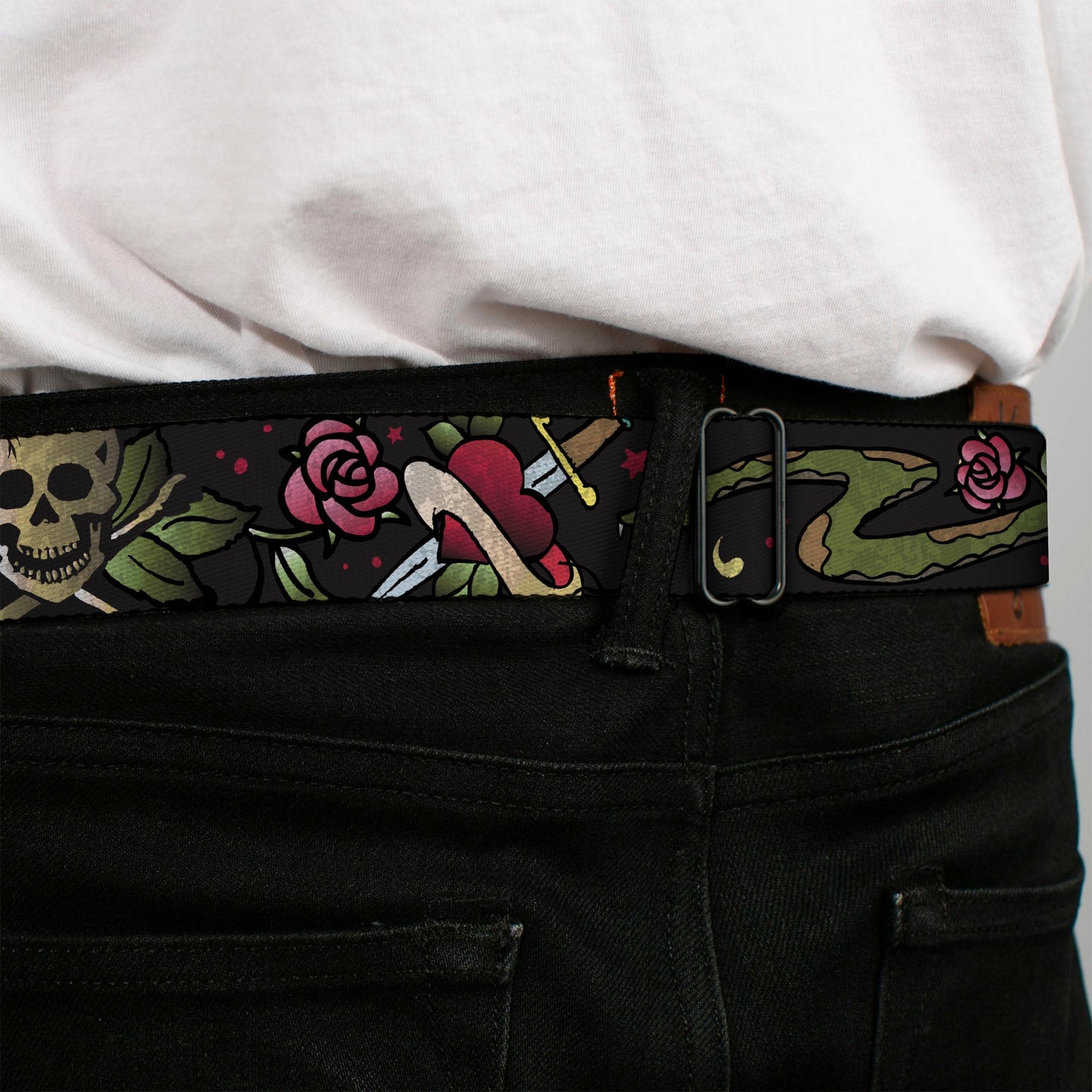 BD Wings Logo CLOSE - UP Full Color Black Silver Seatbelt Belt - Live Hard Die Young CLOSE - UP Black Webbing - Seatbelt Belts - Buckle - Down